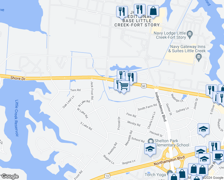 map of restaurants, bars, coffee shops, grocery stores, and more near 5117 Gatehouse Way in Virginia Beach