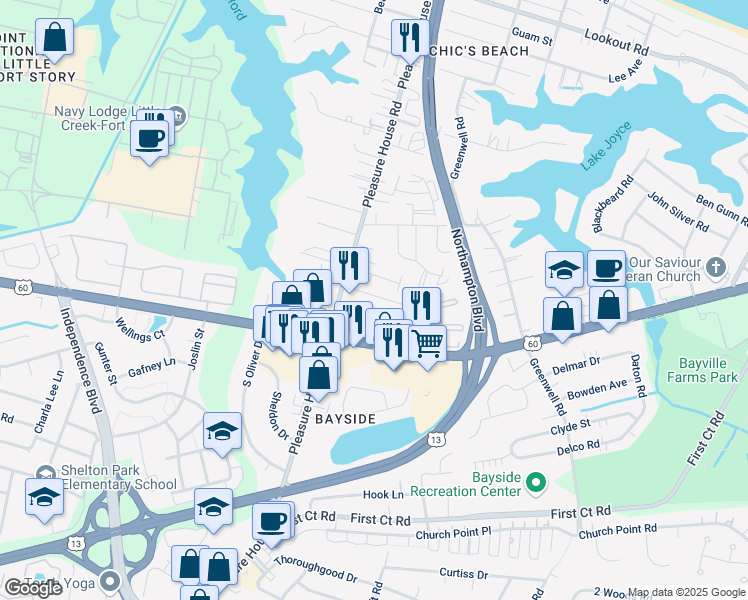 map of restaurants, bars, coffee shops, grocery stores, and more near 4752 Bay Quarter Court in Virginia Beach