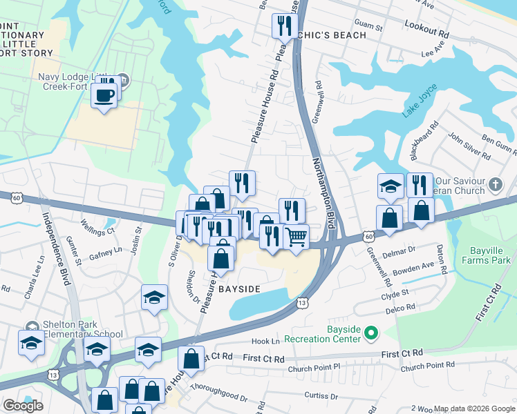 map of restaurants, bars, coffee shops, grocery stores, and more near 4750 Bay Quarter Court in Virginia Beach