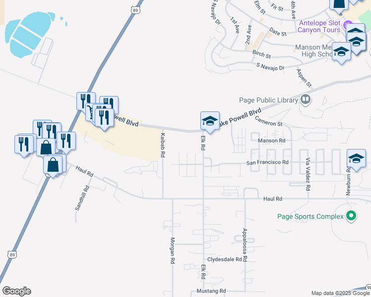 map of restaurants, bars, coffee shops, grocery stores, and more near 90 Elk Road in Page