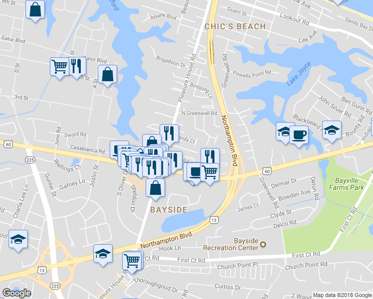 map of restaurants, bars, coffee shops, grocery stores, and more near 4738 Bay Quarter Court in Virginia Beach