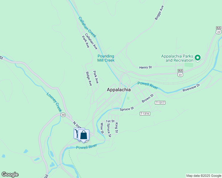 map of restaurants, bars, coffee shops, grocery stores, and more near 302 Mouser Street in Appalachia