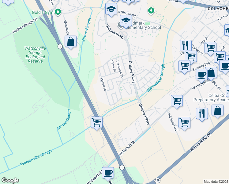 map of restaurants, bars, coffee shops, grocery stores, and more near 112 la Jolla Street in Watsonville