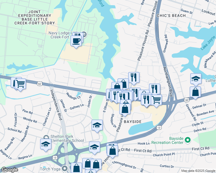 map of restaurants, bars, coffee shops, grocery stores, and more near 2239 Waterpoint Place in Virginia Beach