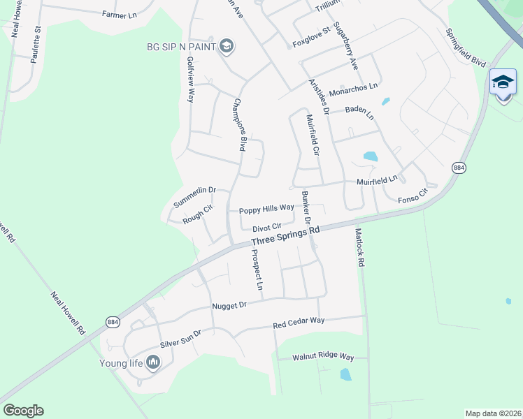 map of restaurants, bars, coffee shops, grocery stores, and more near Poppy Hills Court in Bowling Green