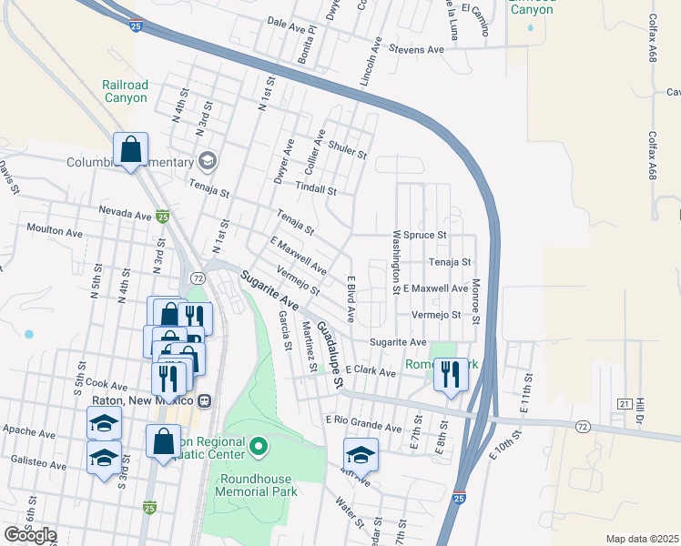 map of restaurants, bars, coffee shops, grocery stores, and more near 343-401 Raton Avenue in Raton