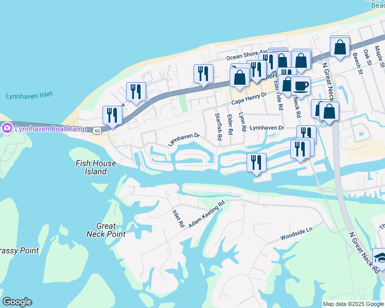 map of restaurants, bars, coffee shops, grocery stores, and more near 3124 Basin Court in Virginia Beach