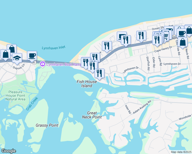 map of restaurants, bars, coffee shops, grocery stores, and more near 2161 Vista Circle in Virginia Beach