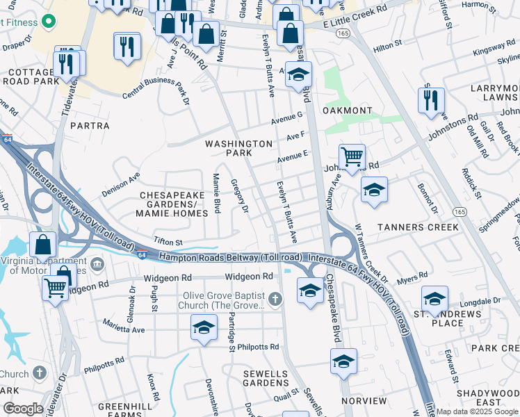 map of restaurants, bars, coffee shops, grocery stores, and more near 7131 Sewells Point Road in Norfolk