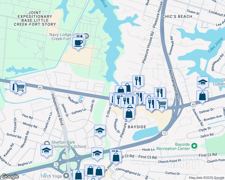 map of restaurants, bars, coffee shops, grocery stores, and more near 2239 Waterpoint Place in Virginia Beach