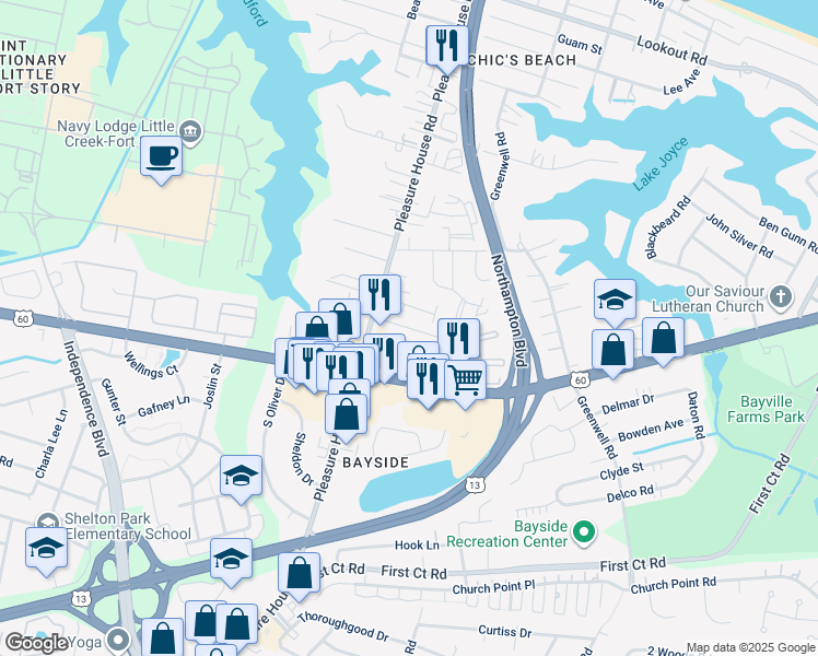 map of restaurants, bars, coffee shops, grocery stores, and more near 4712 Bay Quarter Court in Virginia Beach