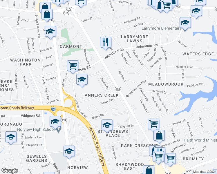 map of restaurants, bars, coffee shops, grocery stores, and more near 6920 Bonnot Drive in Norfolk