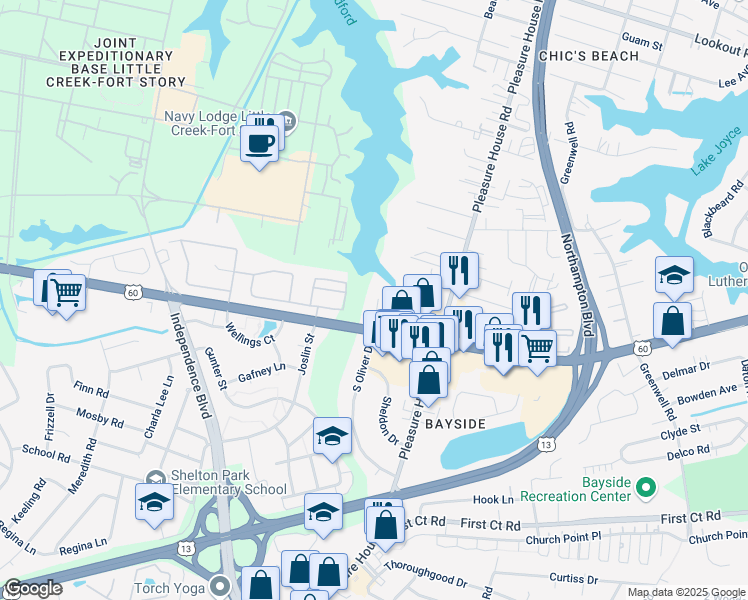 map of restaurants, bars, coffee shops, grocery stores, and more near 2239 Waterpoint Place in Virginia Beach