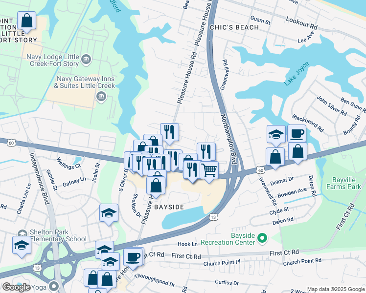 map of restaurants, bars, coffee shops, grocery stores, and more near 4706 Bay Quarter Court in Virginia Beach