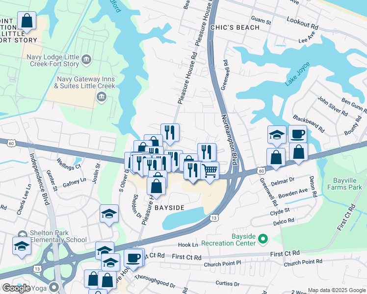 map of restaurants, bars, coffee shops, grocery stores, and more near 4746 Bay Quarter Court in Virginia Beach