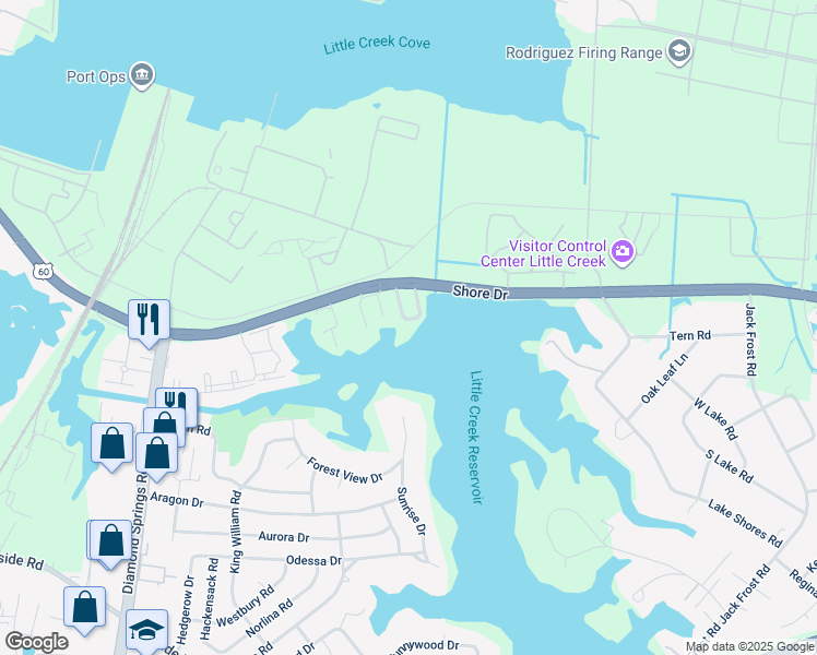 map of restaurants, bars, coffee shops, grocery stores, and more near 2128 Kimball Circle in Virginia Beach