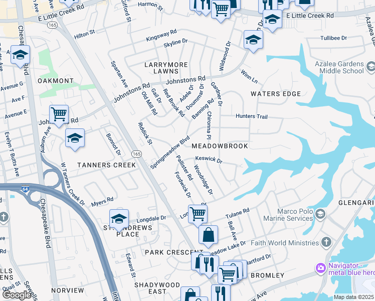 map of restaurants, bars, coffee shops, grocery stores, and more near 1619 While Lane in Norfolk