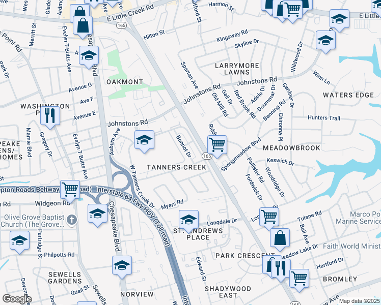 map of restaurants, bars, coffee shops, grocery stores, and more near 6922 Bonnot Drive in Norfolk