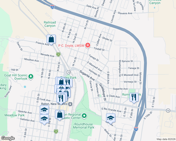 map of restaurants, bars, coffee shops, grocery stores, and more near 201-299 Vermejo Avenue in Raton