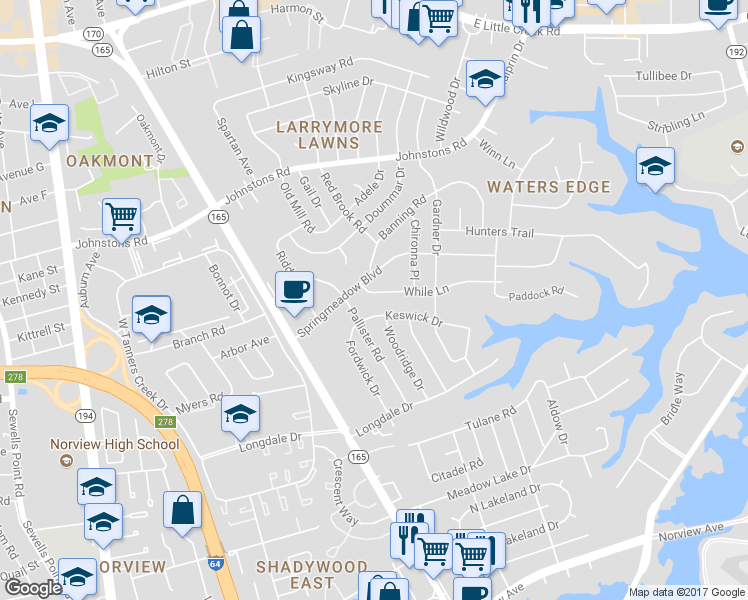 map of restaurants, bars, coffee shops, grocery stores, and more near 1619 While Lane in Norfolk
