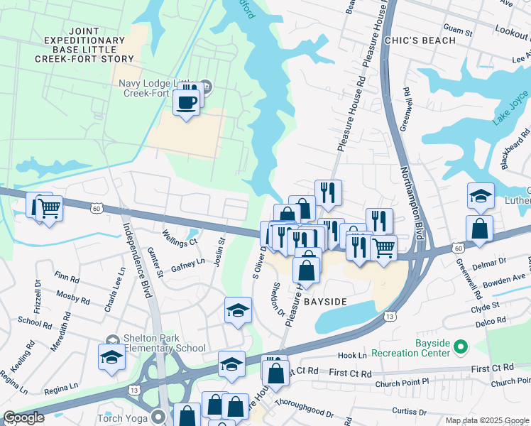 map of restaurants, bars, coffee shops, grocery stores, and more near 2239 Waterpoint Place in Virginia Beach