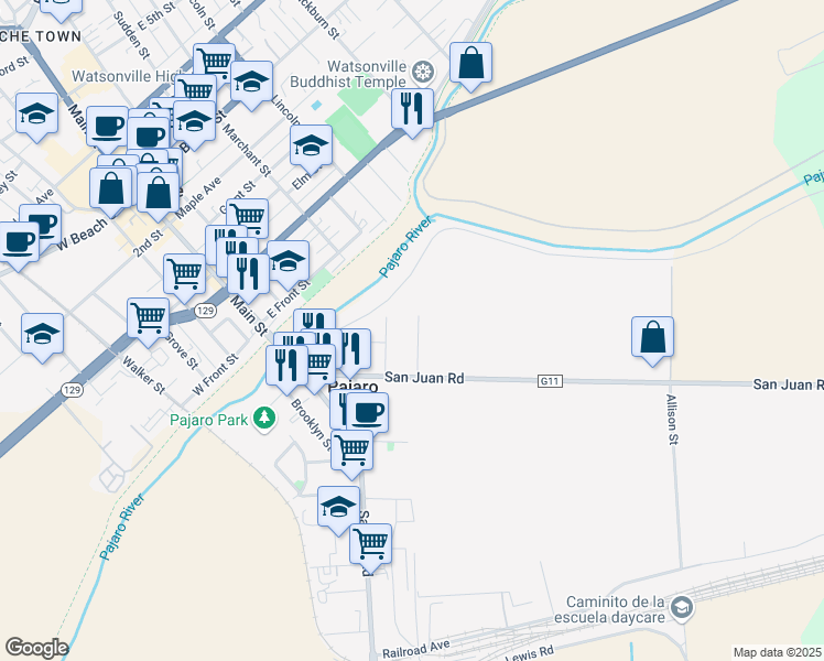 map of restaurants, bars, coffee shops, grocery stores, and more near 35 Susan Street in Pajaro
