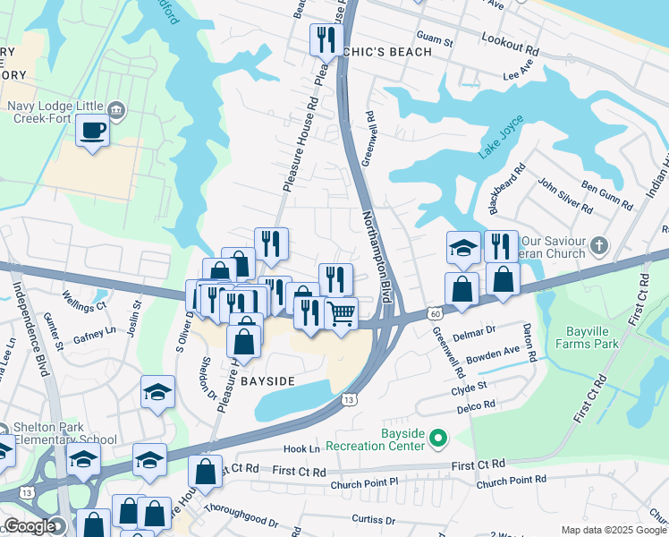 map of restaurants, bars, coffee shops, grocery stores, and more near 2204 Pine Shore Court in Virginia Beach