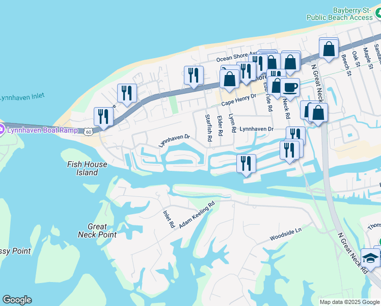 map of restaurants, bars, coffee shops, grocery stores, and more near 3108 Basin Court in Virginia Beach