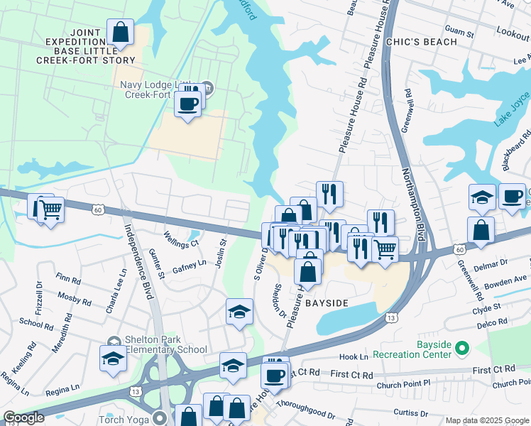 map of restaurants, bars, coffee shops, grocery stores, and more near 2239 Waterpoint Place in Virginia Beach