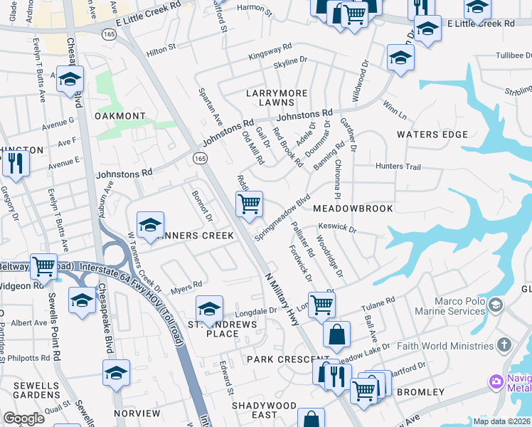 map of restaurants, bars, coffee shops, grocery stores, and more near 6924 Riddick Street in Norfolk
