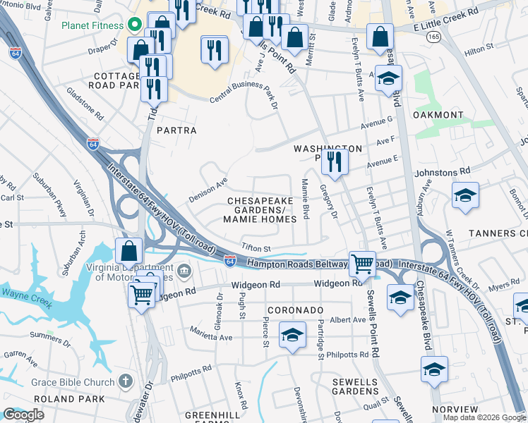 map of restaurants, bars, coffee shops, grocery stores, and more near 7028 Clayton Drive in Norfolk