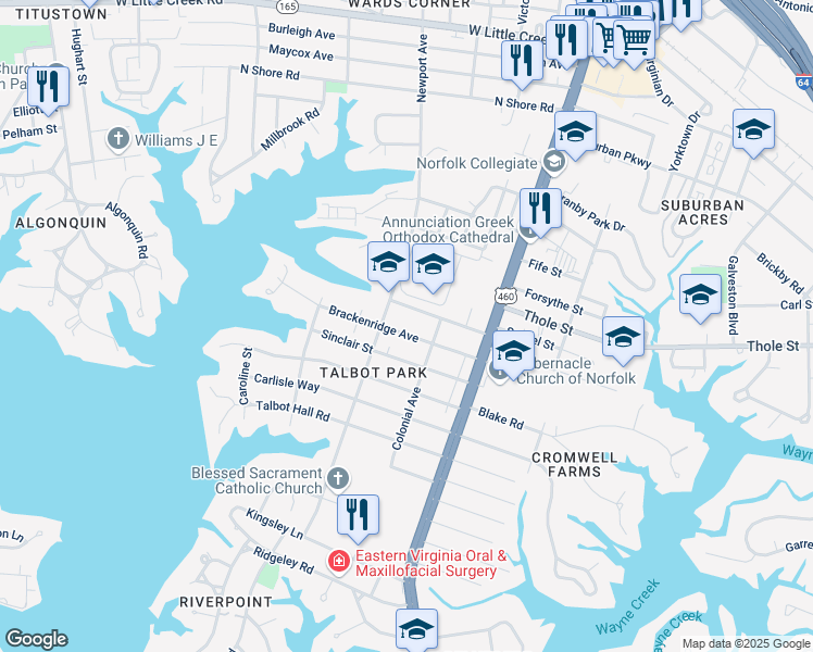 map of restaurants, bars, coffee shops, grocery stores, and more near 211 Oxford Street in Norfolk