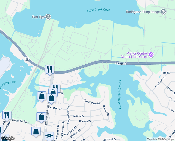 map of restaurants, bars, coffee shops, grocery stores, and more near 2101 Lake Smith Court in Virginia Beach