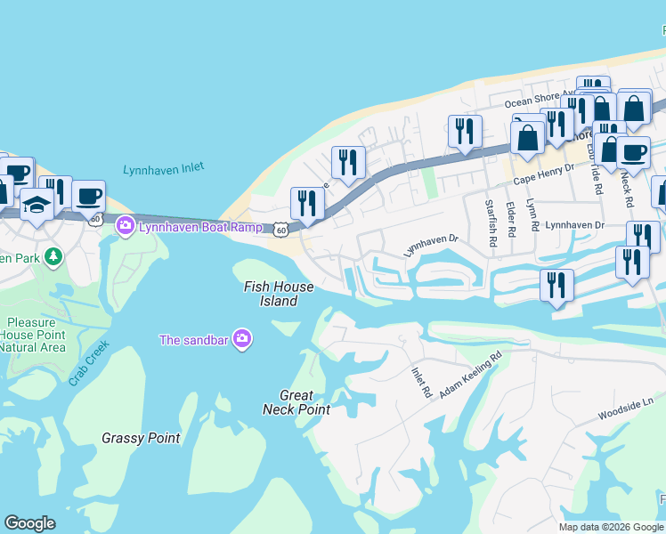 map of restaurants, bars, coffee shops, grocery stores, and more near 2140 Vista Circle in Virginia Beach