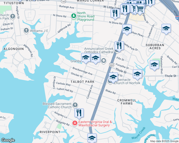 map of restaurants, bars, coffee shops, grocery stores, and more near 211 Oxford Street in Norfolk