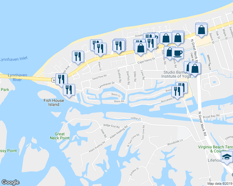 map of restaurants, bars, coffee shops, grocery stores, and more near 3108 Basin Court in Virginia Beach