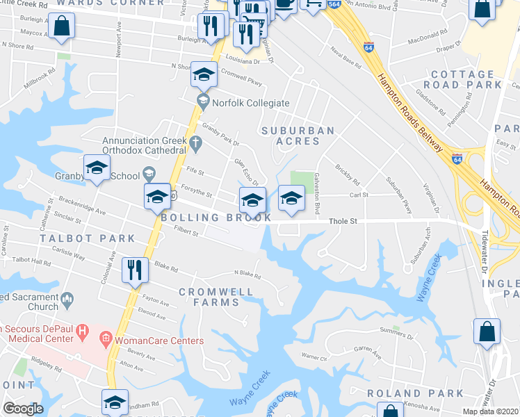map of restaurants, bars, coffee shops, grocery stores, and more near 248 Forsythe Street in Norfolk
