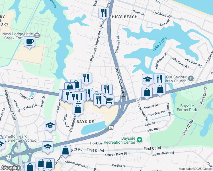 map of restaurants, bars, coffee shops, grocery stores, and more near 2204 Pine Shore Court in Virginia Beach