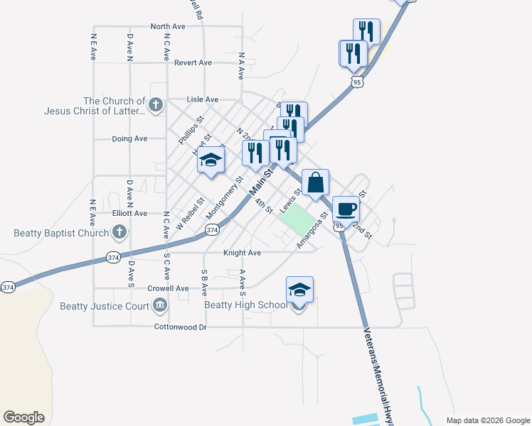 map of restaurants, bars, coffee shops, grocery stores, and more near 201 4th Street in Beatty