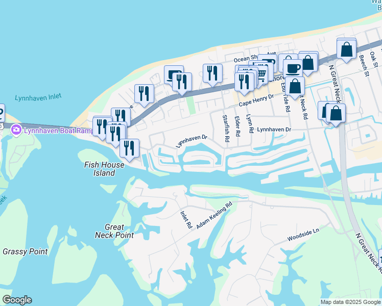map of restaurants, bars, coffee shops, grocery stores, and more near 3124 Basin Court in Virginia Beach