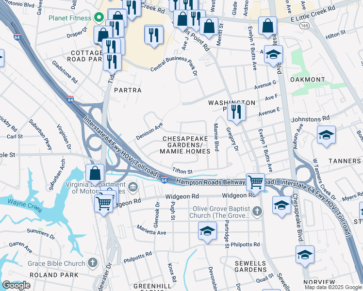map of restaurants, bars, coffee shops, grocery stores, and more near 7028 Clayton Drive in Norfolk