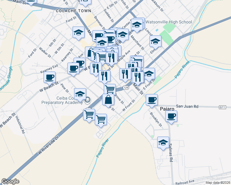 map of restaurants, bars, coffee shops, grocery stores, and more near 173 Rodriguez Street in Watsonville