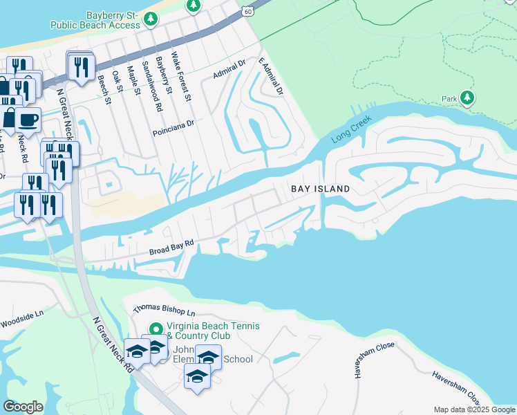 map of restaurants, bars, coffee shops, grocery stores, and more near 2540 Broad Bay Road in Virginia Beach