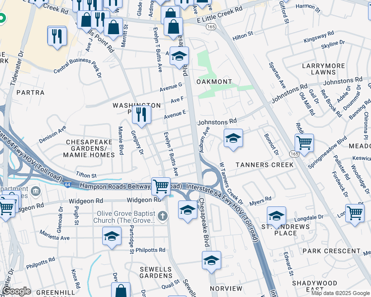 map of restaurants, bars, coffee shops, grocery stores, and more near 1089 Kennedy Street in Norfolk