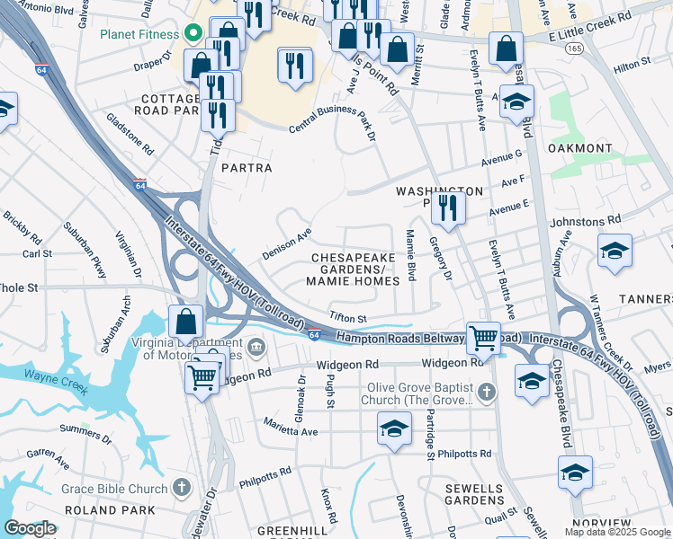 map of restaurants, bars, coffee shops, grocery stores, and more near 7029 Clayton Drive in Norfolk