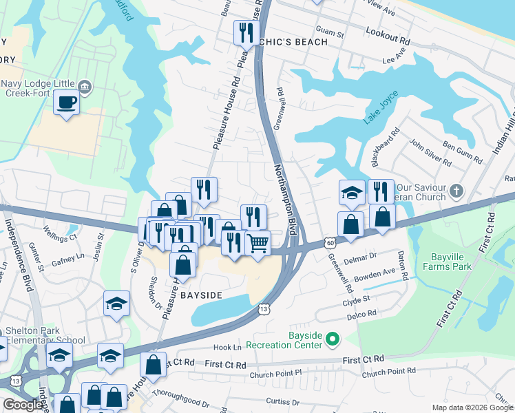 map of restaurants, bars, coffee shops, grocery stores, and more near 2206 Acorn Road in Virginia Beach