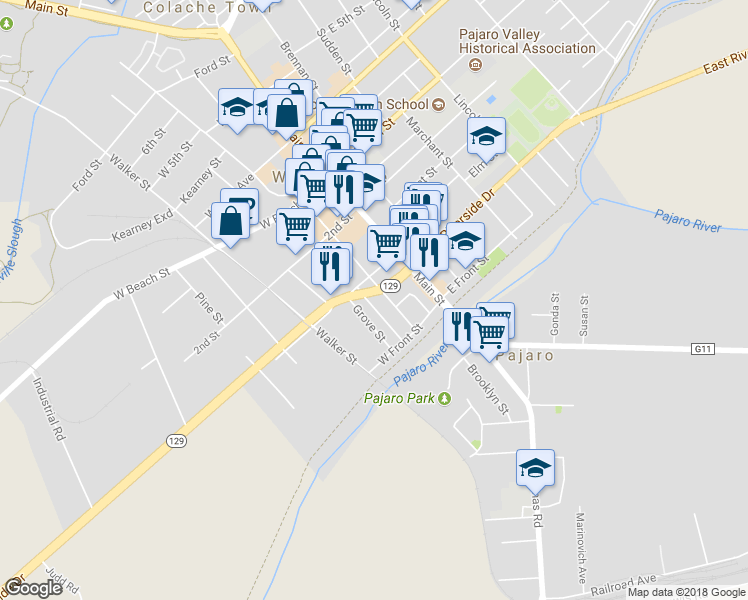 map of restaurants, bars, coffee shops, grocery stores, and more near 173 Rodriguez Street in Watsonville