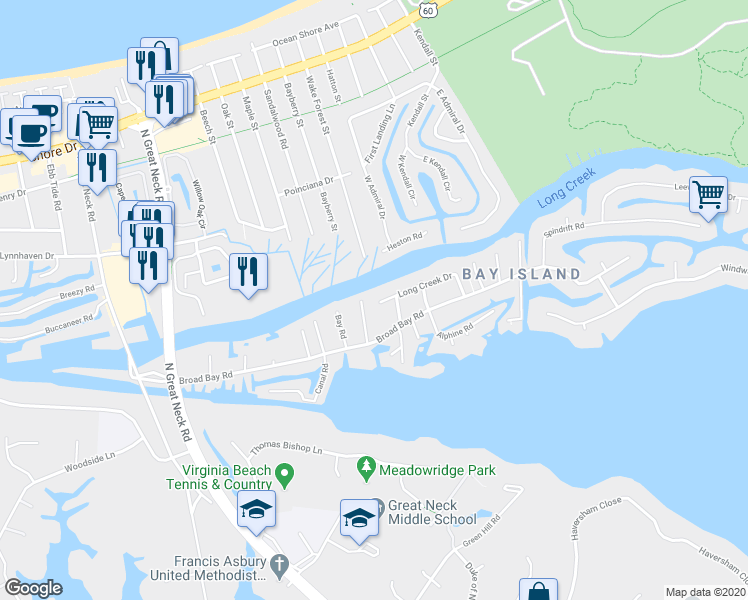 map of restaurants, bars, coffee shops, grocery stores, and more near 2040 Long Creek Road in Virginia Beach