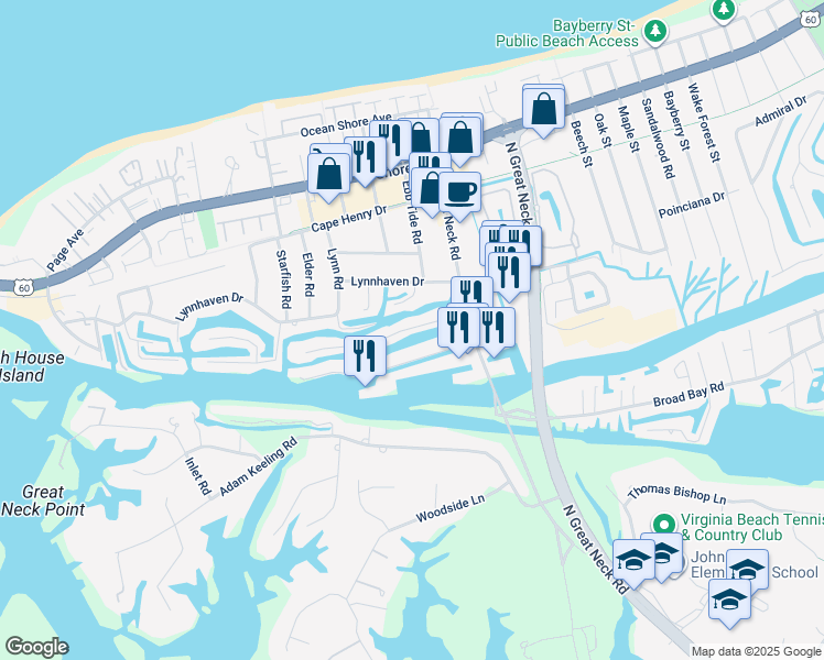map of restaurants, bars, coffee shops, grocery stores, and more near 2921 Breezy Road in Virginia Beach