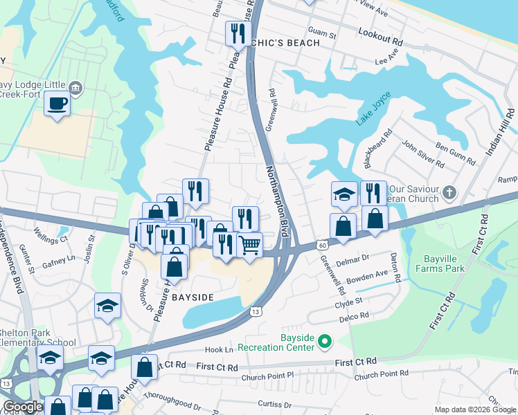 map of restaurants, bars, coffee shops, grocery stores, and more near 2206 Acorn Road in Virginia Beach